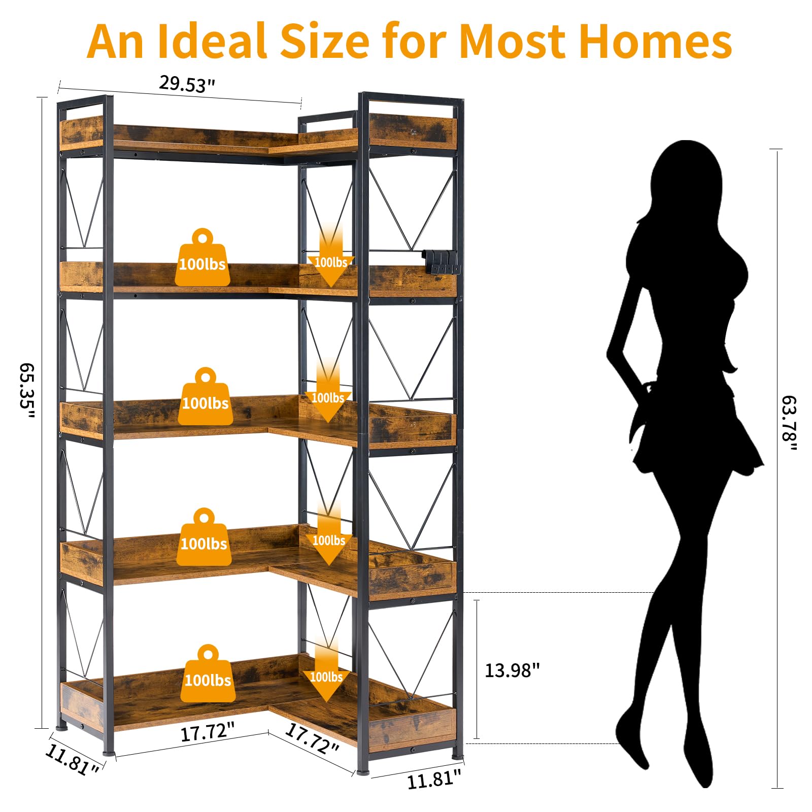 JHK 65 inch L Shaped Bookshelf - огляд і ціна Bookshelf 5 Tier